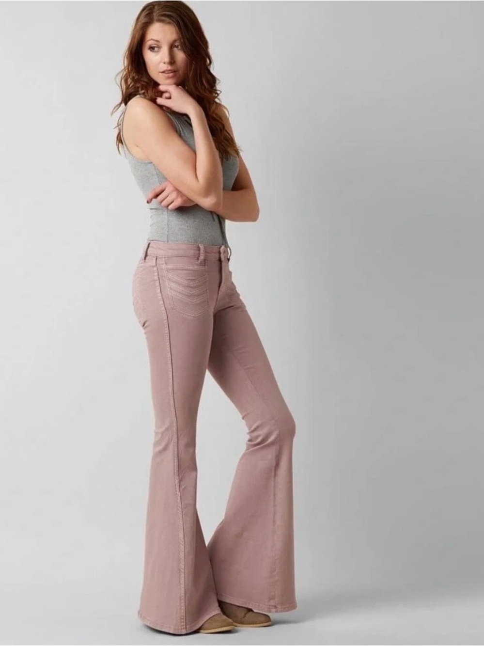 Free People | Retro Mauve Chevron Stitch Flare Bell Bottom Jeans - Picture 2 of 10
